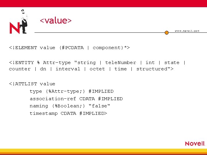 <value> <!ELEMENT value (#PCDATA | component)*> <!ENTITY % Attr-type "string | tele. Number |