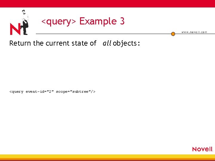 <query> Example 3 Return the current state of all objects : <query event-id="2" scope="subtree"/>