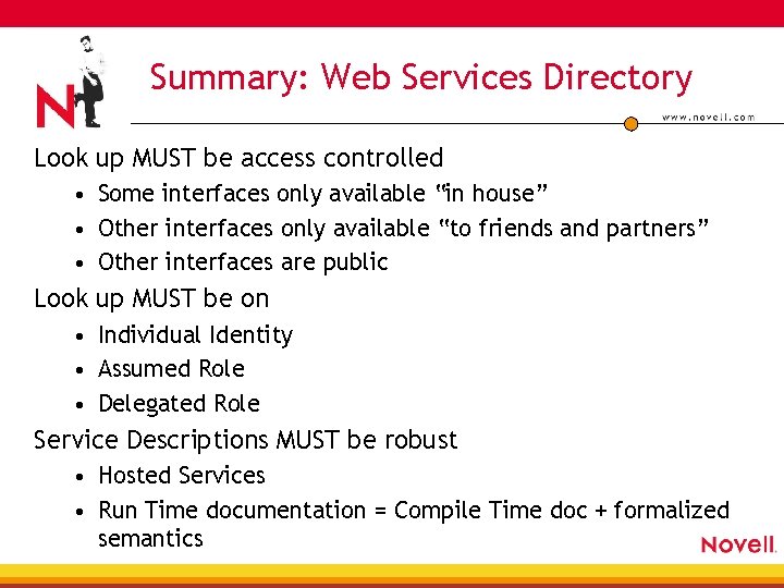 Summary: Web Services Directory Look up MUST be access controlled • Some interfaces only