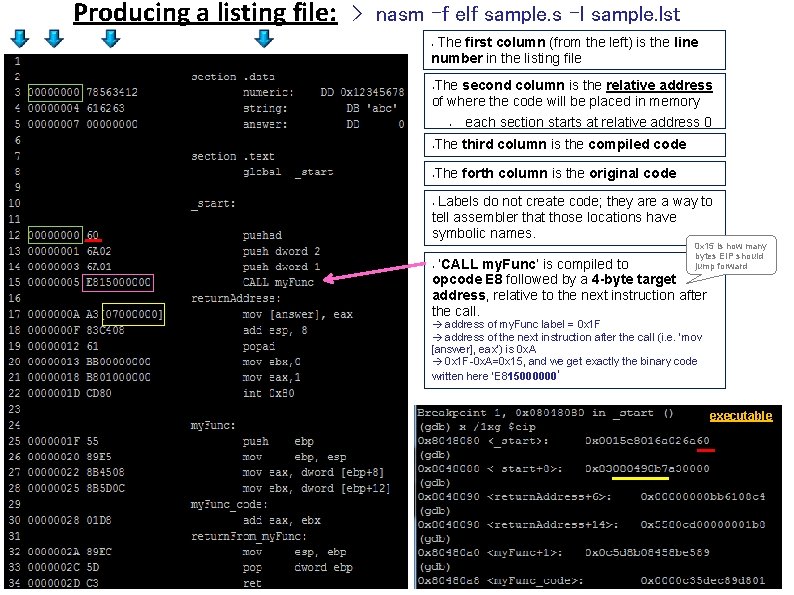 Producing a listing file: > nasm -f elf sample. s -l sample. lst The