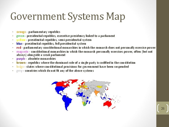 Government Systems Map • • • orange - parliamentary republics green - presidential republics,