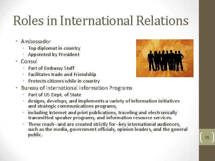 Roles in International Relations • Ambassador • Top diplomat in country • Appointed by