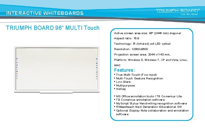 INTERACTIVE WHITEBOARDS TRIUMPH BOARD 96“ MULTI Touch Active screen area size: 96” (2446 mm)