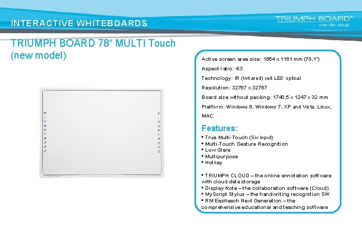INTERACTIVE WHITEBOARDS TRIUMPH BOARD 78“ MULTI Touch (new model) Active screen area size: 1654