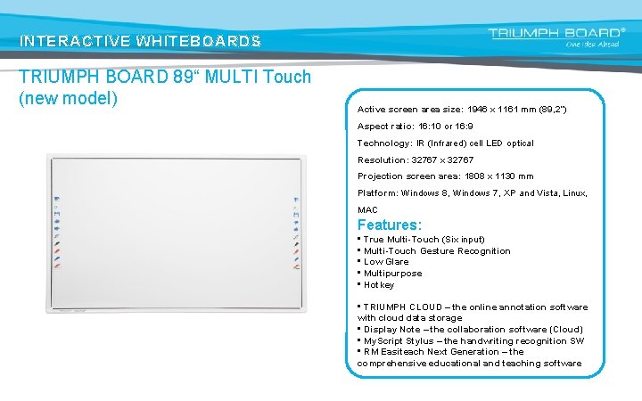 INTERACTIVE WHITEBOARDS TRIUMPH BOARD 89“ MULTI Touch (new model) Active screen area size: 1946
