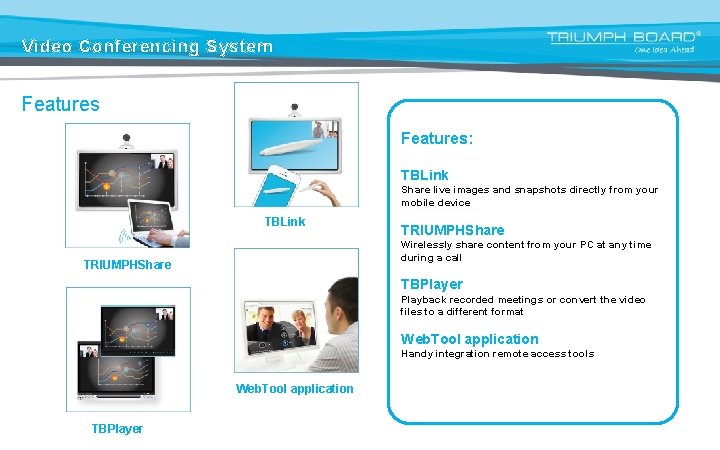 Video Conferencing System Features: TBLink Share live images and snapshots directly from your mobile