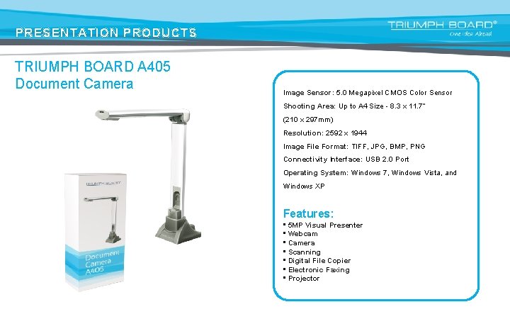 PRESENTATION PRODUCTS TRIUMPH BOARD A 405 Document Camera Image Sensor: 5. 0 Megapixel CMOS