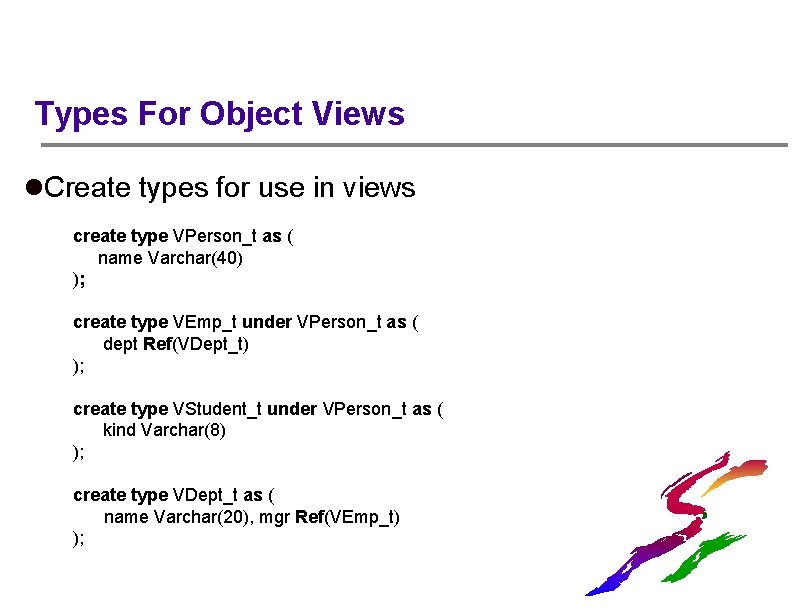 Types For Object Views l. Create types for use in views create type VPerson_t
