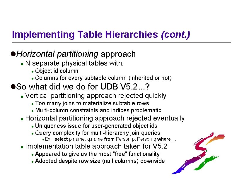Implementing Table Hierarchies (cont. ) l. Horizontal partitioning approach n N separate physical tables