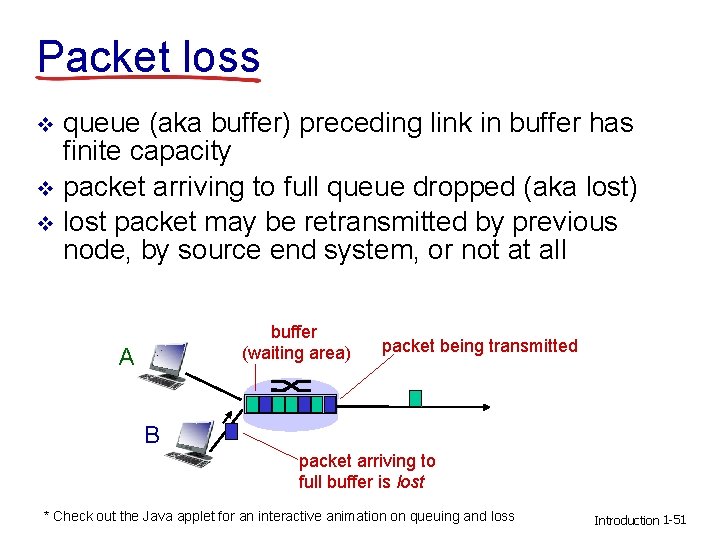 Packet loss queue (aka buffer) preceding link in buffer has finite capacity v packet