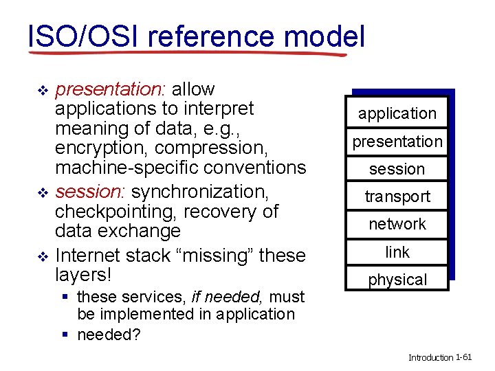 ISO/OSI reference model presentation: allow applications to interpret meaning of data, e. g. ,