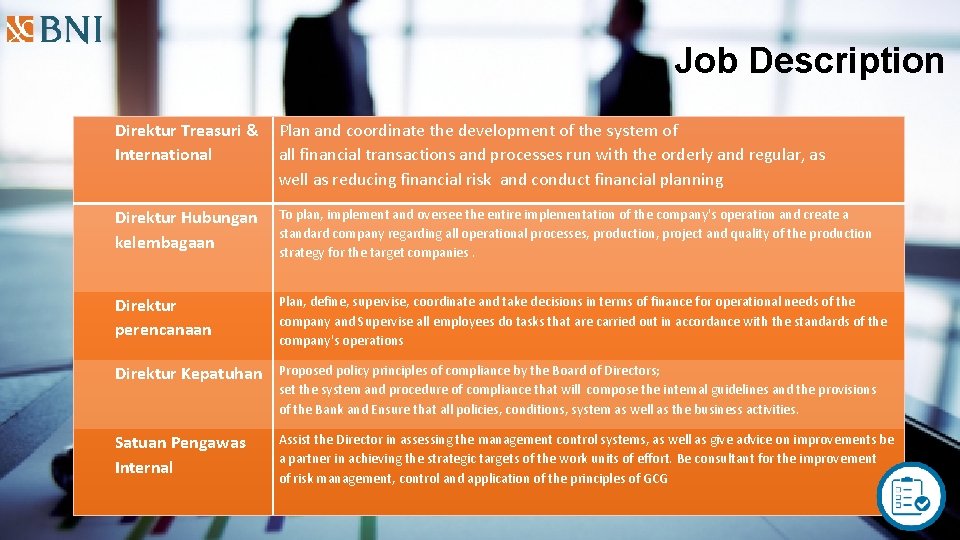 Job Description Direktur Treasuri & International Plan and coordinate the development of the system