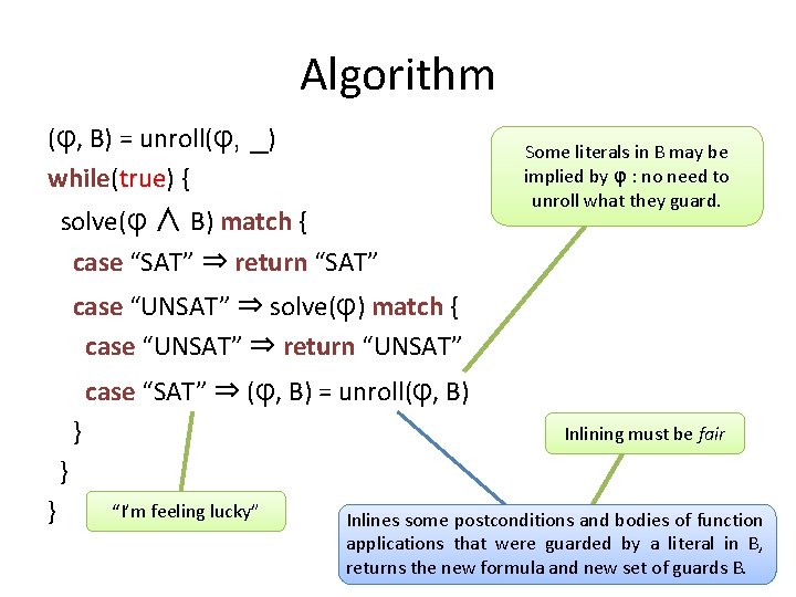 Algorithm (φ, B) = unroll(φ, _) while(true) { solve(φ ∧ B) match { case