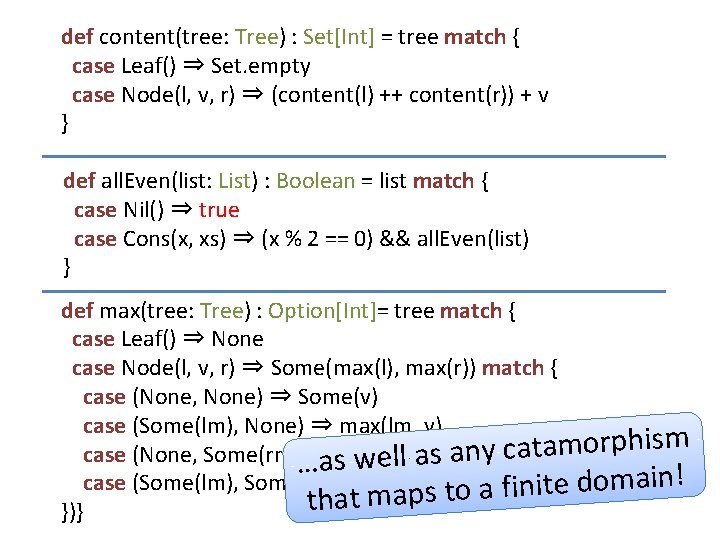 def content(tree: Tree) : Set[Int] = tree match { case Leaf() ⇒ Set. empty