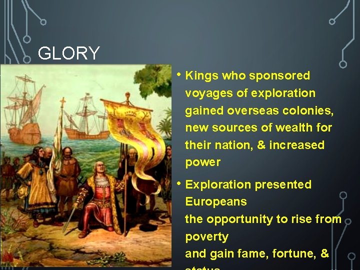 GLORY • Kings who sponsored voyages of exploration gained overseas colonies, new sources of