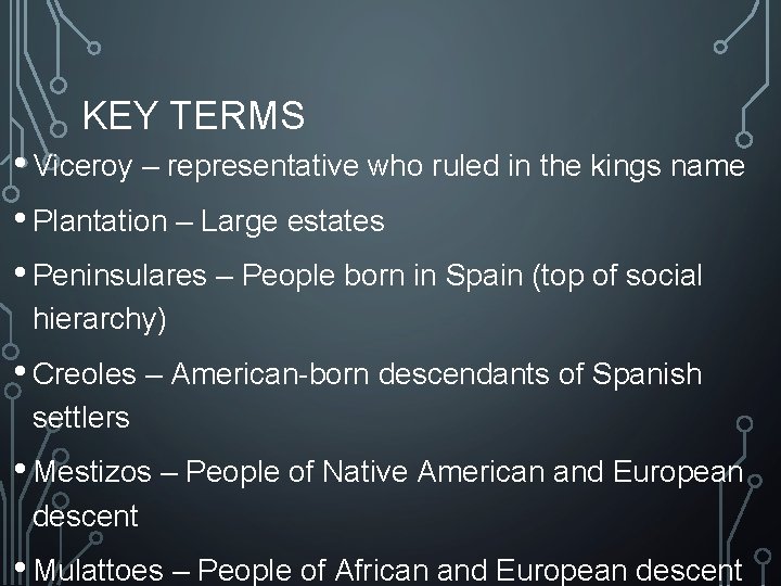 KEY TERMS • Viceroy – representative who ruled in the kings name • Plantation