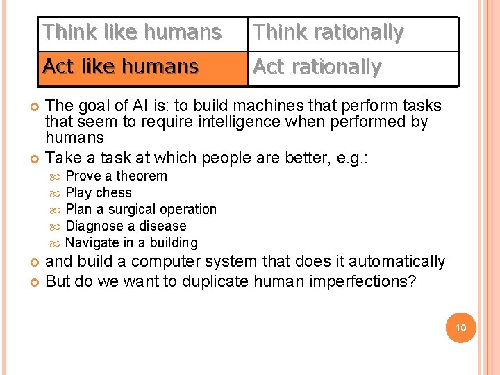 Think like humans Think rationally Act like humans Act rationally The goal of AI