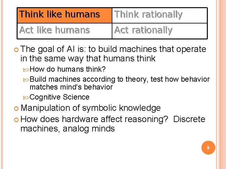 Think like humans Think rationally Act like humans Act rationally The goal of AI