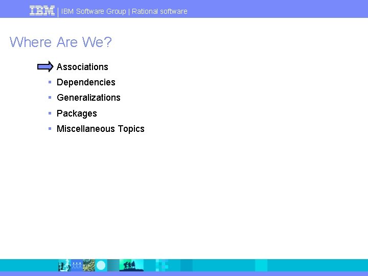 IBM Software Group | Rational software Where Are We? § Associations § Dependencies §