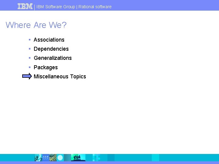 IBM Software Group | Rational software Where Are We? § Associations § Dependencies §