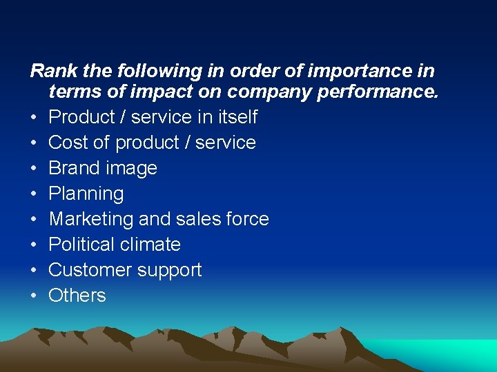 Rank the following in order of importance in terms of impact on company performance.