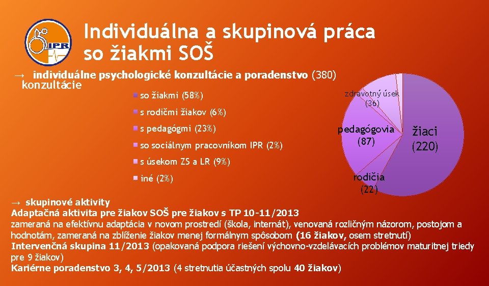 Individuálna a skupinová práca so žiakmi SOŠ → individuálne psychologické konzultácie a poradenstvo (380)