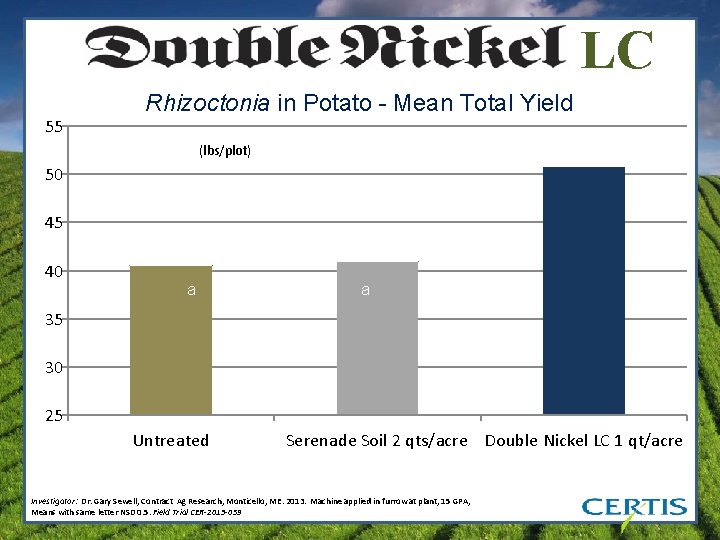 LC 55 Rhizoctonia in Potato - Mean Total Yield (lbs/plot) 50 a 45 40