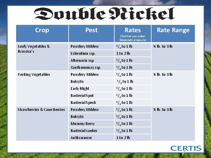 Crop Leafy Vegetables & Brassica’s Fruiting Vegetables Strawberries & Cane Berries Pest Rates (Normal