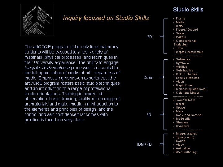 Studio Skills Inquiry focused on Studio Skills 2 D The art. CORE program is