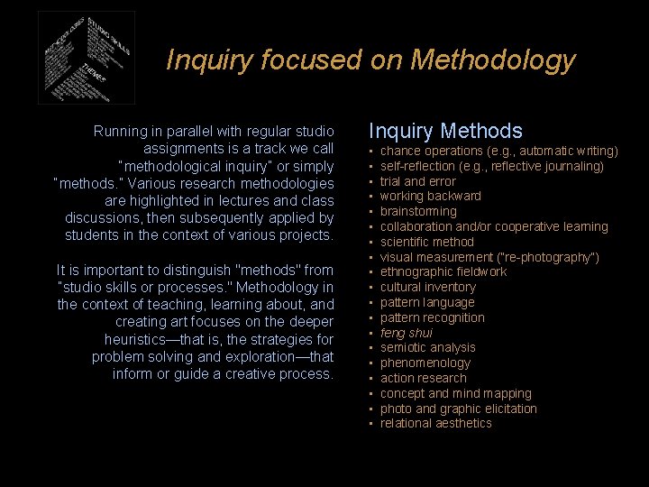 Inquiry focused on Methodology Running in parallel with regular studio assignments is a track