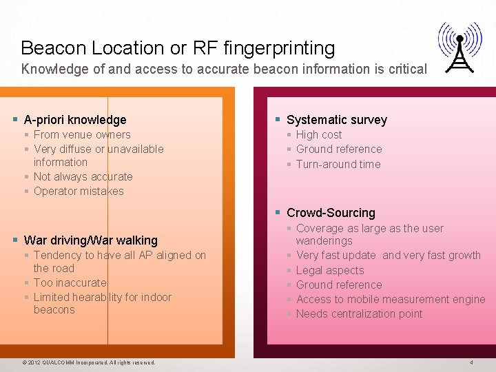 Beacon Location or RF fingerprinting Knowledge of and access to accurate beacon information is