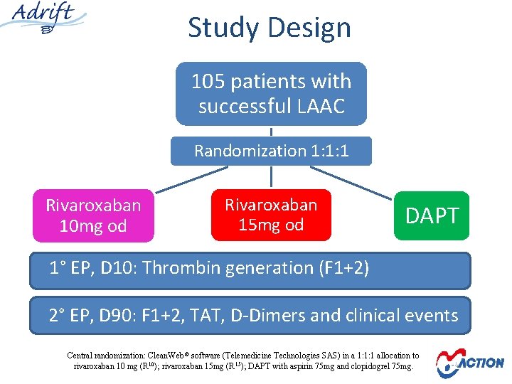 Study Design 105 patients with successful LAAC Randomization 1: 1: 1 Rivaroxaban 10 mg