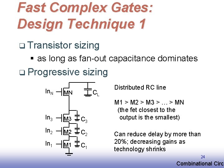 Fast Complex Gates: Design Technique 1 q Transistor sizing § as long as fan-out Fast Complex Gates: Design Technique 1 q Transistor sizing § as long as fan-out