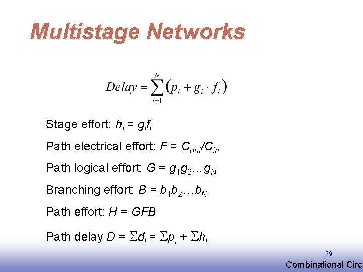 Multistage Networks Stage effort: hi = gifi Path electrical effort: F = Cout/Cin Path Multistage Networks Stage effort: hi = gifi Path electrical effort: F = Cout/Cin Path