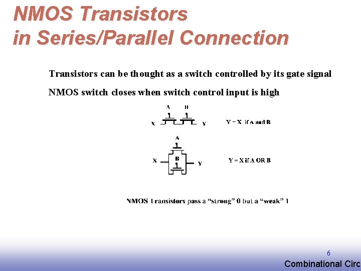 NMOS Transistors in Series/Parallel Connection Transistors can be thought as a switch controlled by NMOS Transistors in Series/Parallel Connection Transistors can be thought as a switch controlled by