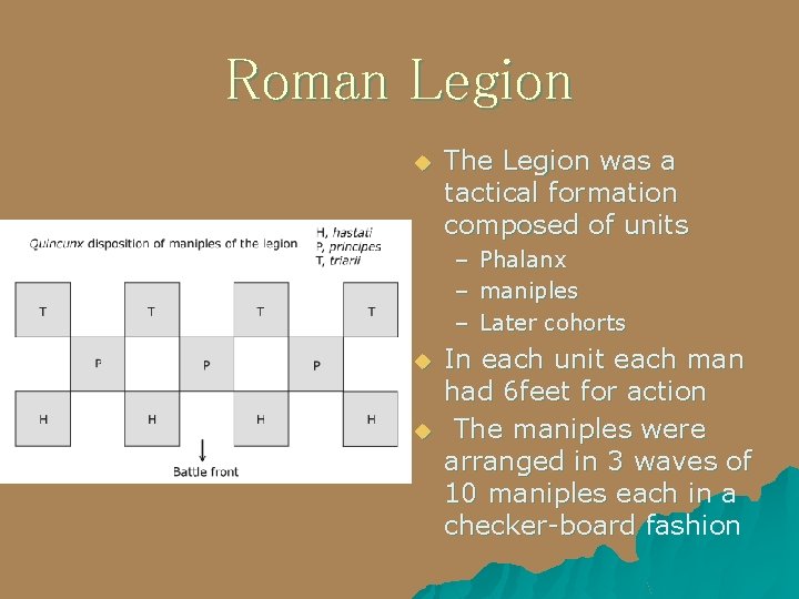 Roman Legion u The Legion was a tactical formation composed of units – Phalanx