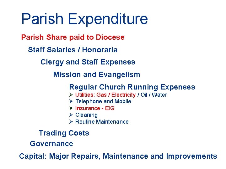 Parish Expenditure Parish Share paid to Diocese Staff Salaries / Honoraria Clergy and Staff