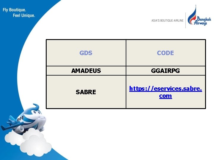 GDS CODE AMADEUS GGAIRPG SABRE https: //eservices. sabre. com 