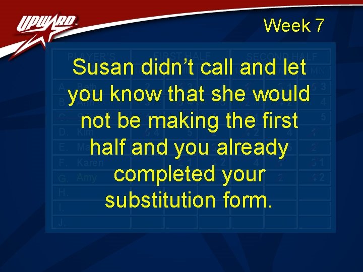 Week 7 PLAYER’S NAME FIRST HALF SECOND HALF Susan didn’t call and let A.