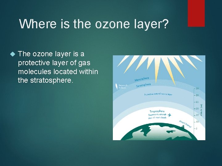 Where is the ozone layer? The ozone layer is a protective layer of gas