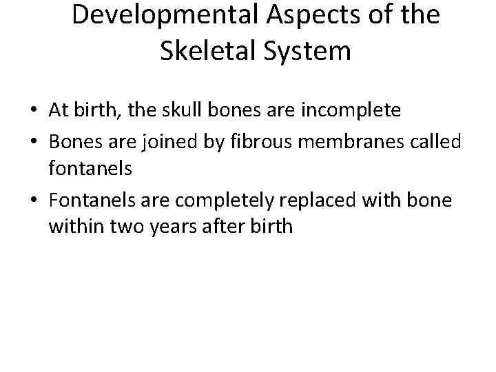 Developmental Aspects of the Skeletal System • At birth, the skull bones are incomplete