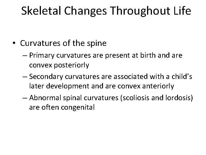 Skeletal Changes Throughout Life • Curvatures of the spine – Primary curvatures are present
