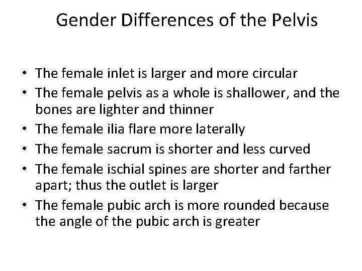 Gender Differences of the Pelvis • The female inlet is larger and more circular