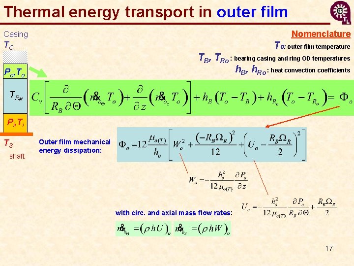 Thermal energy transport in outer film Nomenclature Casing TC To: outer film temperature TB,