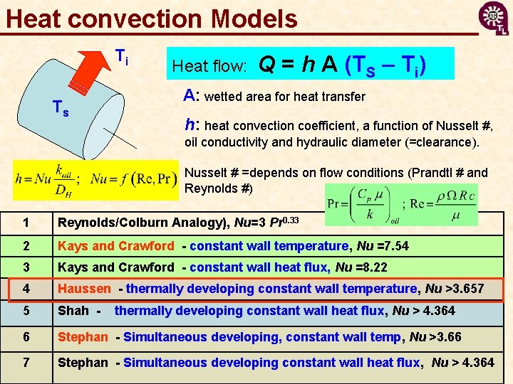 Heat convection Models Ti Ts Heat flow: Q = h A (TS – Ti)