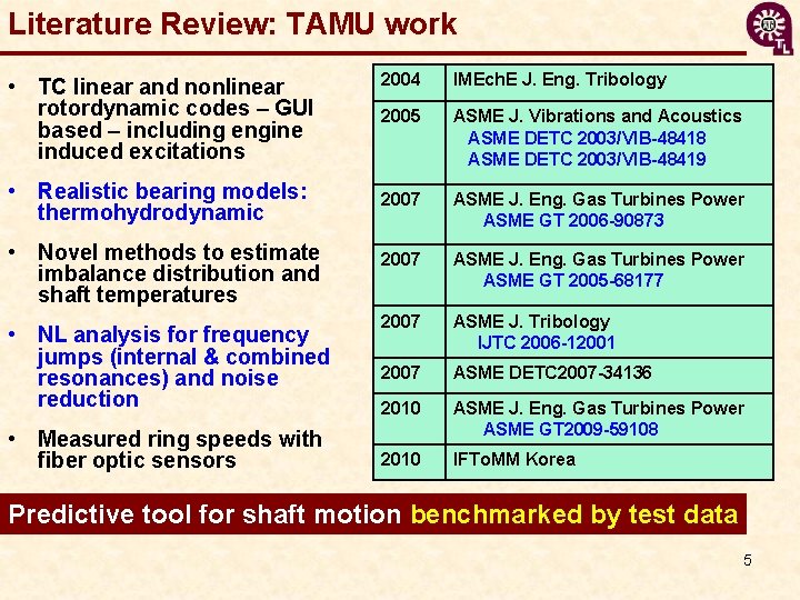 Literature Review: TAMU work • TC linear and nonlinear rotordynamic codes – GUI based