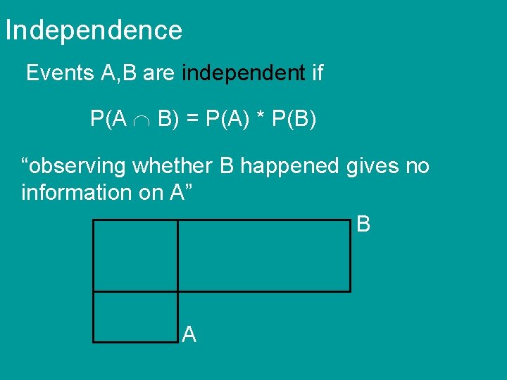 Independence Events A, B are independent if P(A B) = P(A) * P(B) “observing