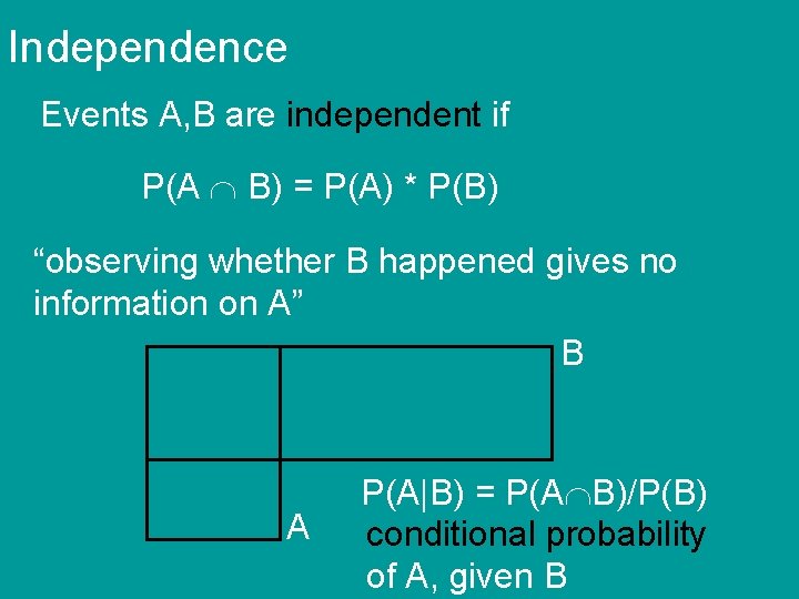 Independence Events A, B are independent if P(A B) = P(A) * P(B) “observing