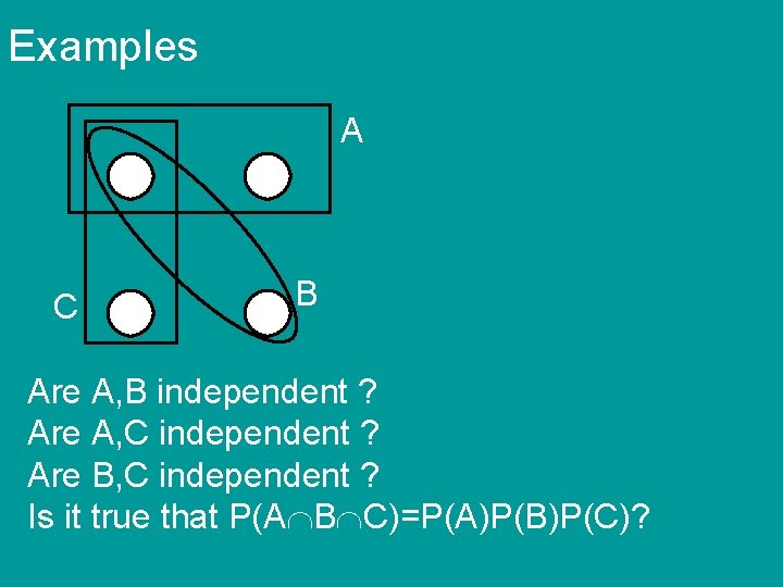 Examples A C B Are A, B independent ? Are A, C independent ?