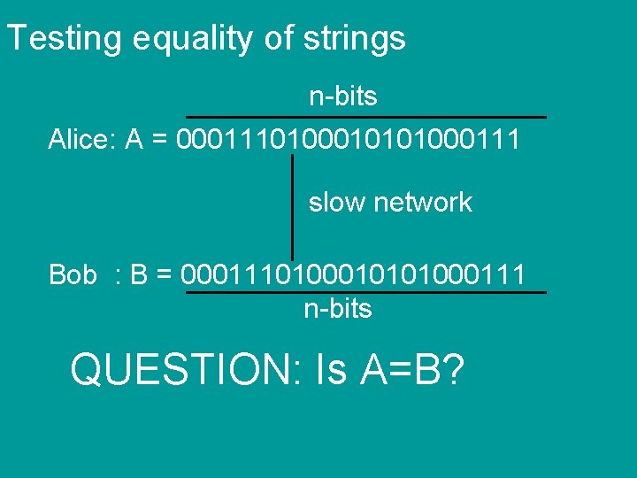 Testing equality of strings n-bits Alice: A = 0001110100010101000111 slow network Bob : B